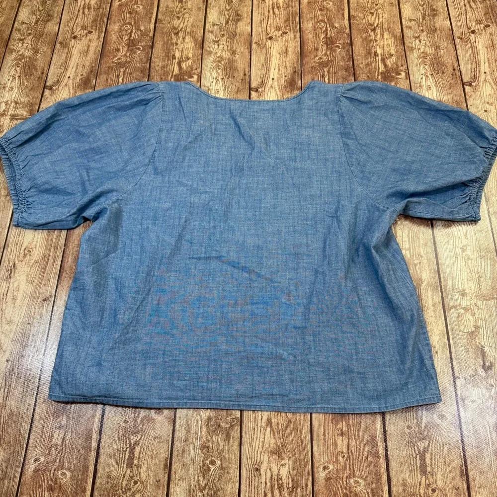 J.Crew V-Neck Puff Sleeve Blouse Womens Large Blue Chambray Cotton Top
